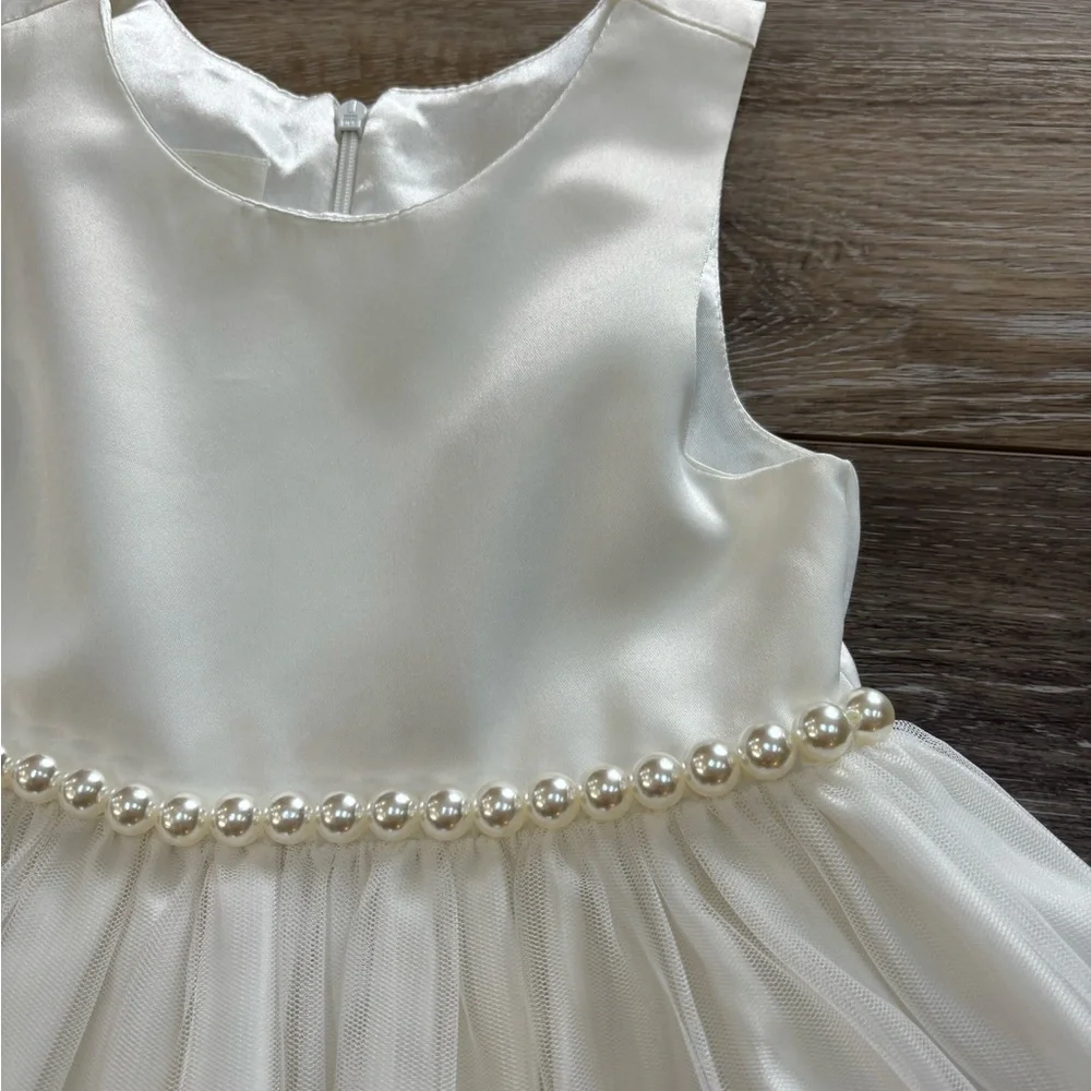 American Princess White Sleeveless Dress Pearl Floral Embroidery Wedding Easter